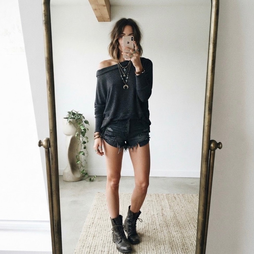 We The Free Free People Londontown Thermal Top Charcoal Grey Boat Grunge Neck M